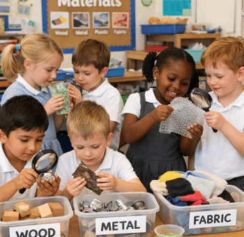 Year 1 Children Exploring Materials in School Uniform UK-1
