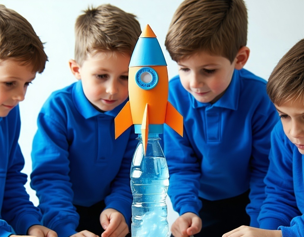 children aged 9 in blue jumpers building a rocket out of a plastic bottle and cardboard-1-1-1
