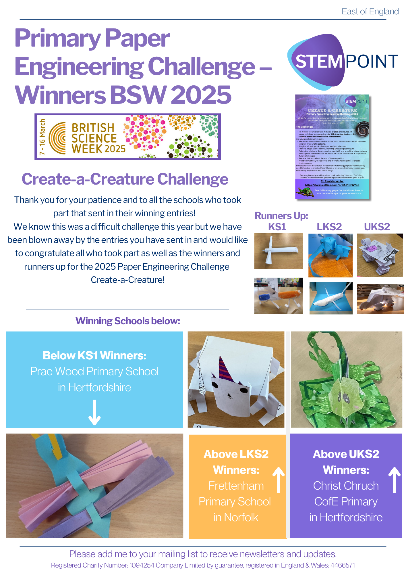 British Science Week Create-a-Creature Winners and Runners Up 2025