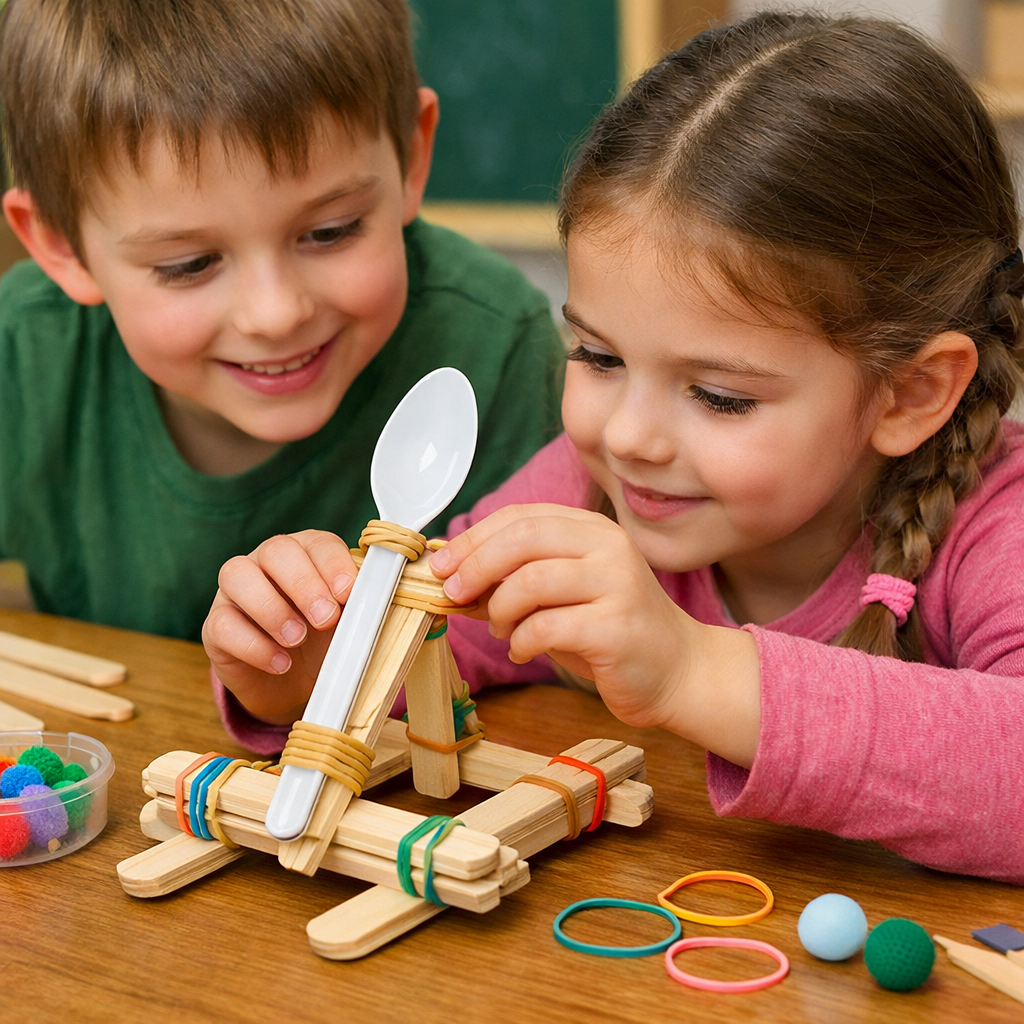 Children Building Catapult with Lolly Sticks and Plastic Spoon