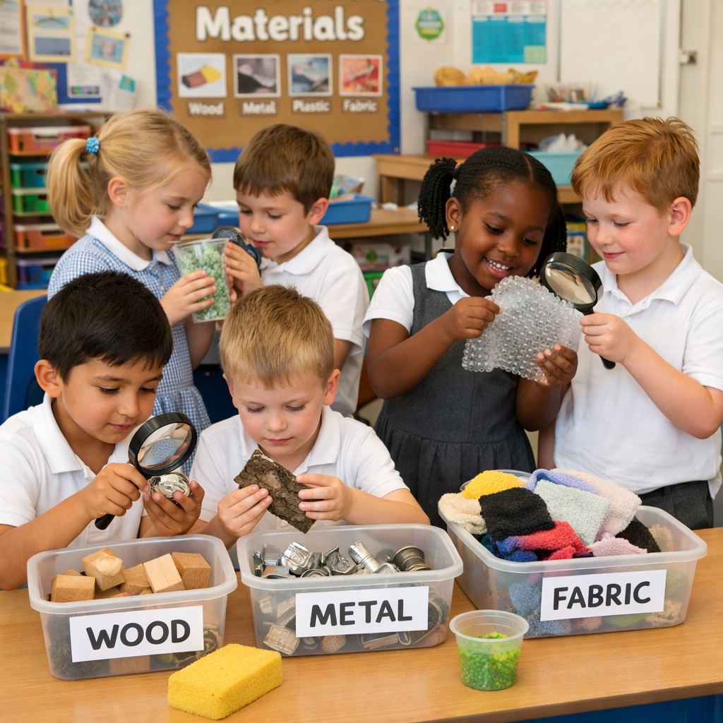 Year 1 Children Exploring Materials in School Uniform UK